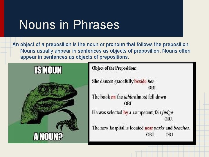 Nouns in Phrases An object of a preposition is the noun or pronoun that