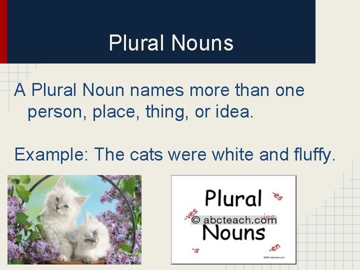 Plural Nouns A Plural Noun names more than one person, place, thing, or idea.