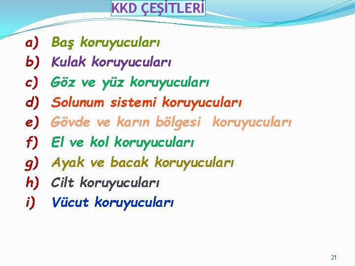 KKD ÇEŞİTLERİ a) b) c) d) e) f) g) h) i) Baş koruyucuları Kulak