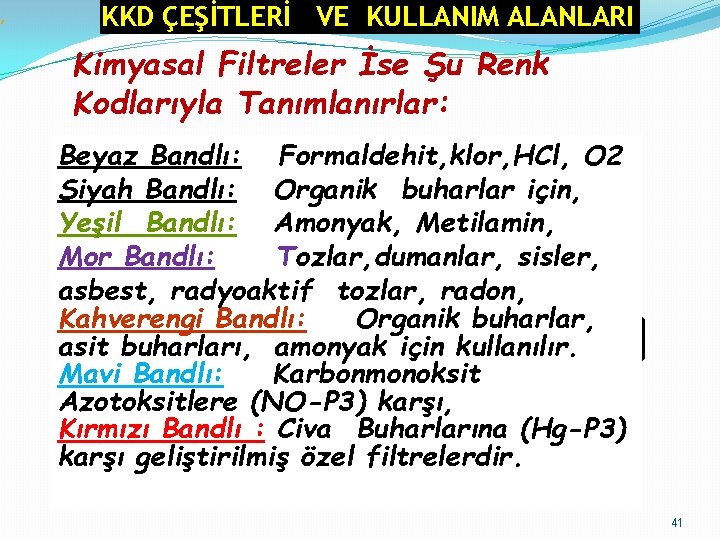 , KKD ÇEŞİTLERİ VE KULLANIM ALANLARI Kimyasal Filtreler İse Şu Renk Kodlarıyla Tanımlanırlar: Beyaz
