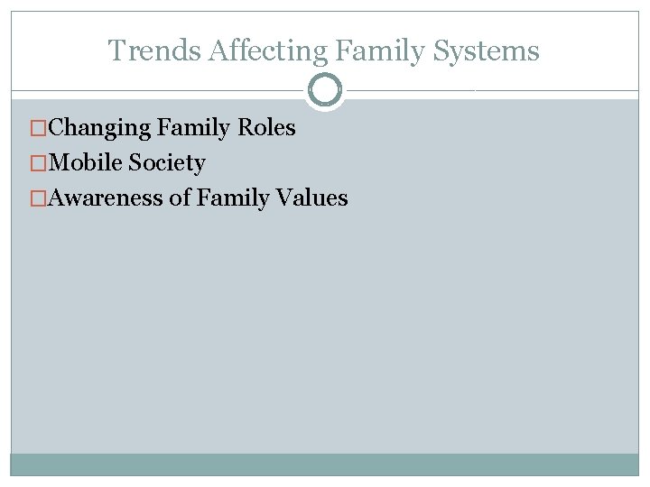 Trends Affecting Family Systems �Changing Family Roles �Mobile Society �Awareness of Family Values 