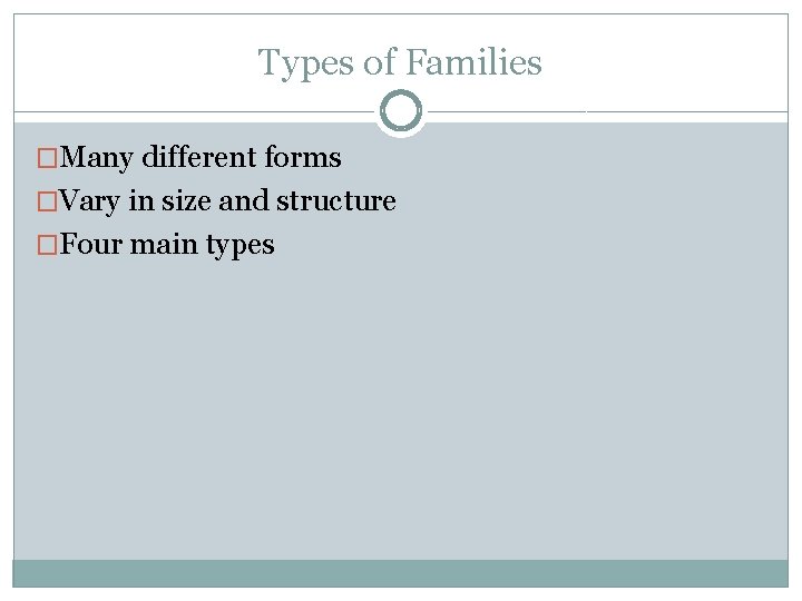 Types of Families �Many different forms �Vary in size and structure �Four main types