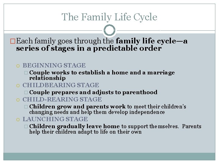 The Family Life Cycle �Each family goes through the family life cycle—a series of