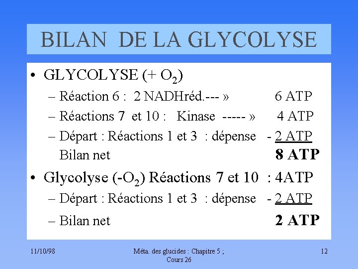 BILAN DE LA GLYCOLYSE • GLYCOLYSE (+ O 2) – Réaction 6 : 2