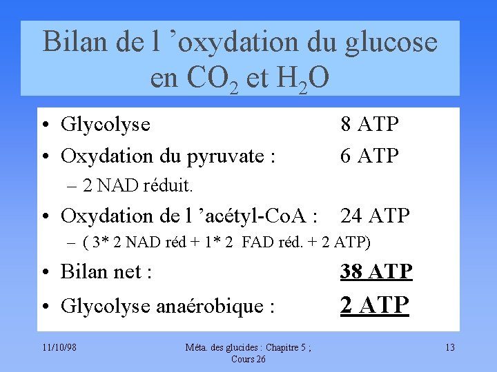 Bilan de l ’oxydation du glucose en CO 2 et H 2 O •