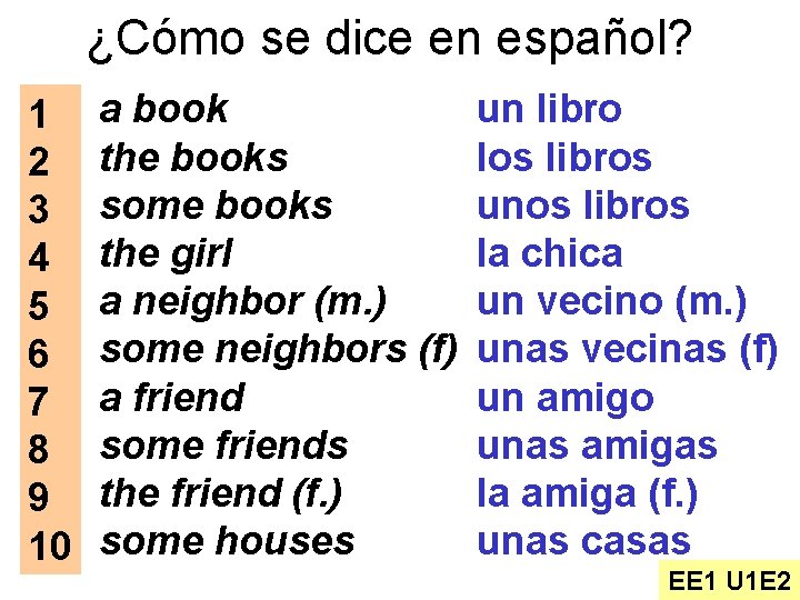 ¿Cómo se dice en español? 1 2 3 4 5 6 7 8 9