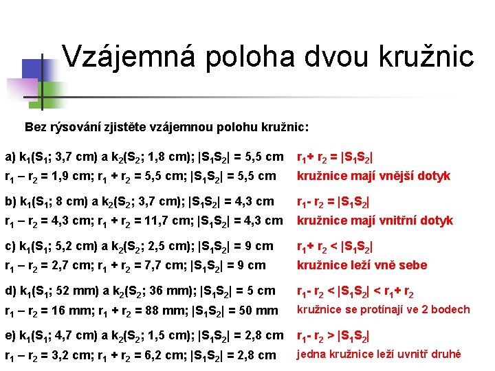 Vzájemná poloha dvou kružnic Bez rýsování zjistěte vzájemnou polohu kružnic: a) k 1(S 1;