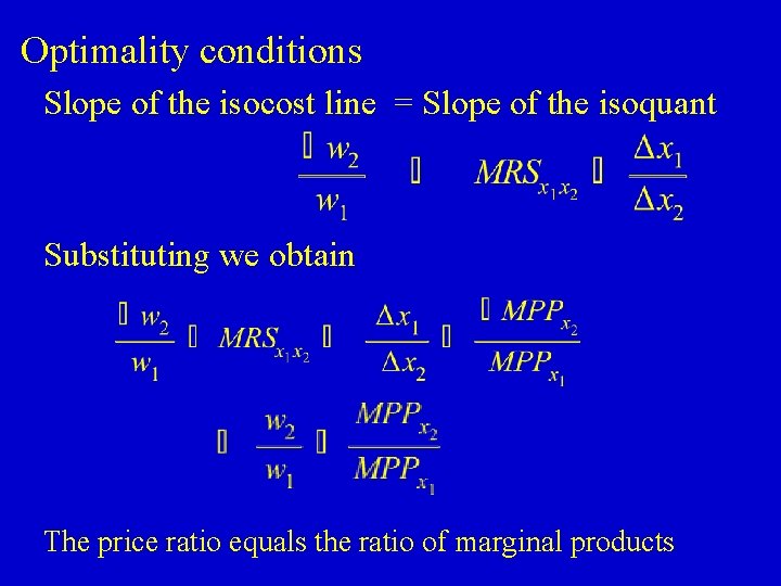 Optimality conditions Slope of the isocost line = Slope of the isoquant Substituting we