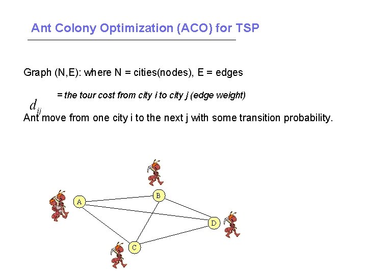 Ant Colony Optimization (ACO) for TSP Graph (N, E): where N = cities(nodes), E