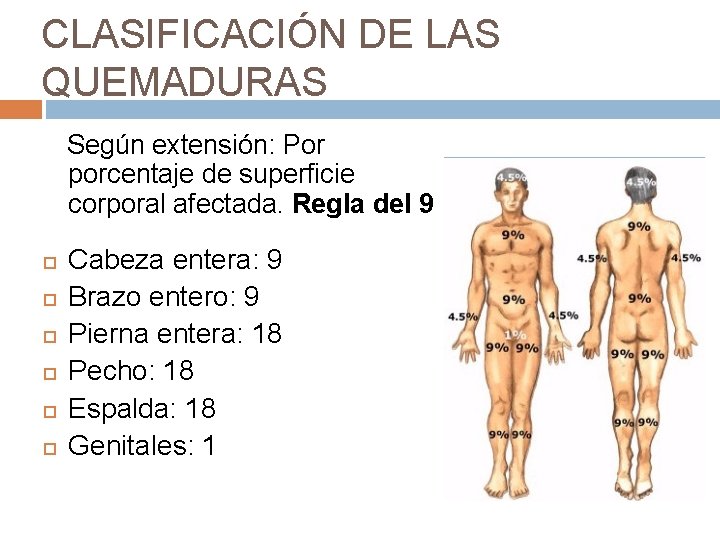 CLASIFICACIÓN DE LAS QUEMADURAS Según extensión: Por porcentaje de superficie corporal afectada. Regla del