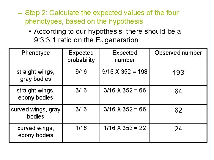 – Step 2: Calculate the expected values of the four phenotypes, based on the