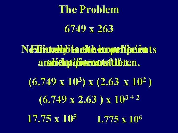 The Problem 6749 x 263 First write the number Next Finally combine write thein