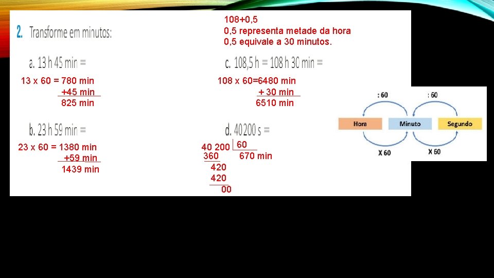 108+0, 5 representa metade da hora 0, 5 equivale a 30 minutos. 13 x