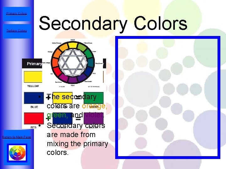 Primary Colors Tertiary Colors Return to Main Page Secondary Colors • The secondary colors