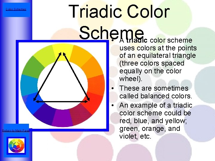Color Schemes Return to Main Page Triadic Color Scheme • A triadic color scheme