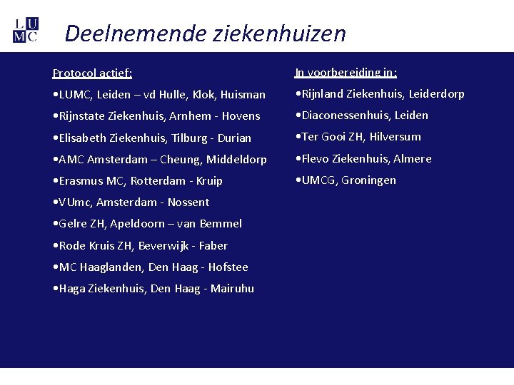 Deelnemende ziekenhuizen Protocol actief: In voorbereiding in: • LUMC, Leiden – vd Hulle, Klok,