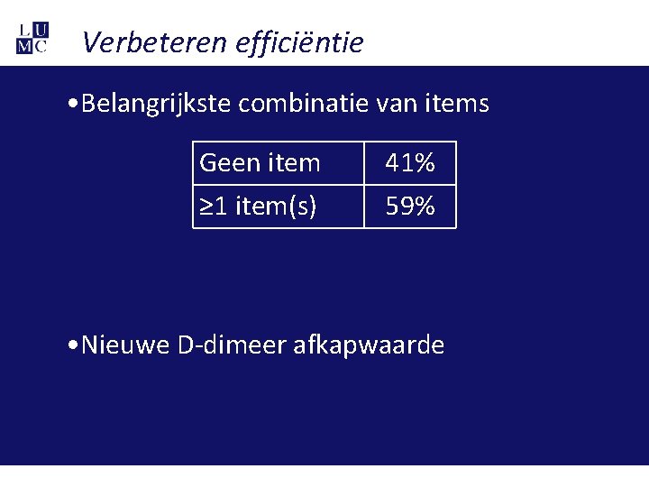 Verbeteren efficiëntie • Belangrijkste combinatie van items Geen item 41% ≥ 1 item(s) 59%