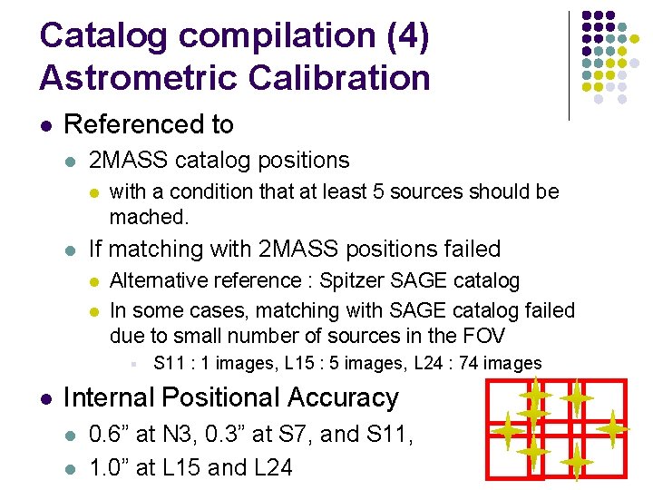 Catalog compilation (4) Astrometric Calibration l Referenced to l 2 MASS catalog positions l