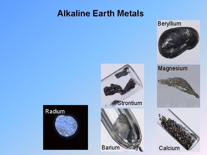 Alkaline Earth Metals Beryllium Magnesium Strontium Radium Barium Calcium 