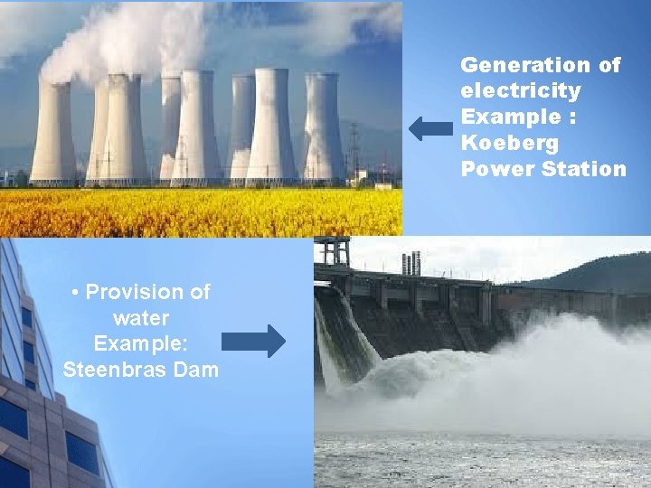 Generation of electricity Example : Koeberg Power Station • Provision of water Example: Steenbras