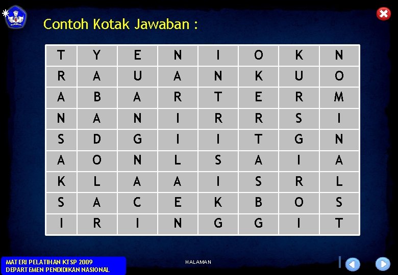 Contoh Kotak Jawaban : T Y E N I O K N R A