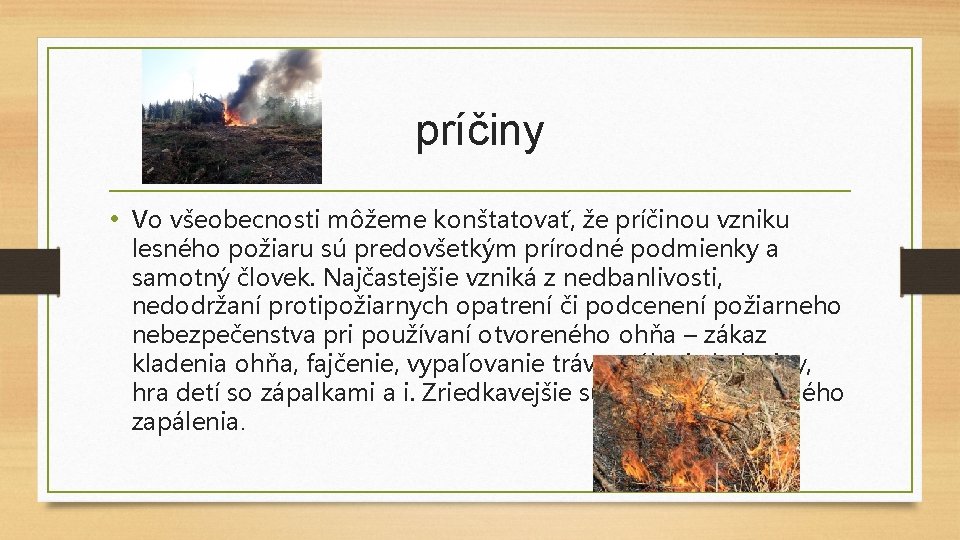 príčiny • Vo všeobecnosti môžeme konštatovať, že príčinou vzniku lesného požiaru sú predovšetkým prírodné