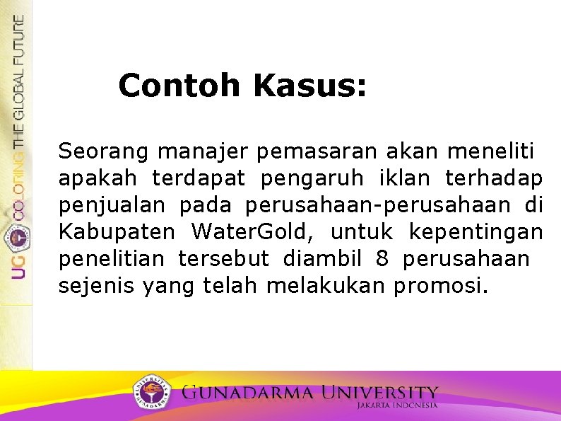 Contoh Kasus: Seorang manajer pemasaran akan meneliti apakah terdapat pengaruh iklan terhadap penjualan pada