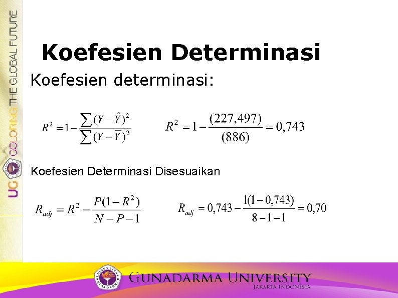 Koefesien Determinasi Koefesien determinasi: Koefesien Determinasi Disesuaikan (adjusted) 