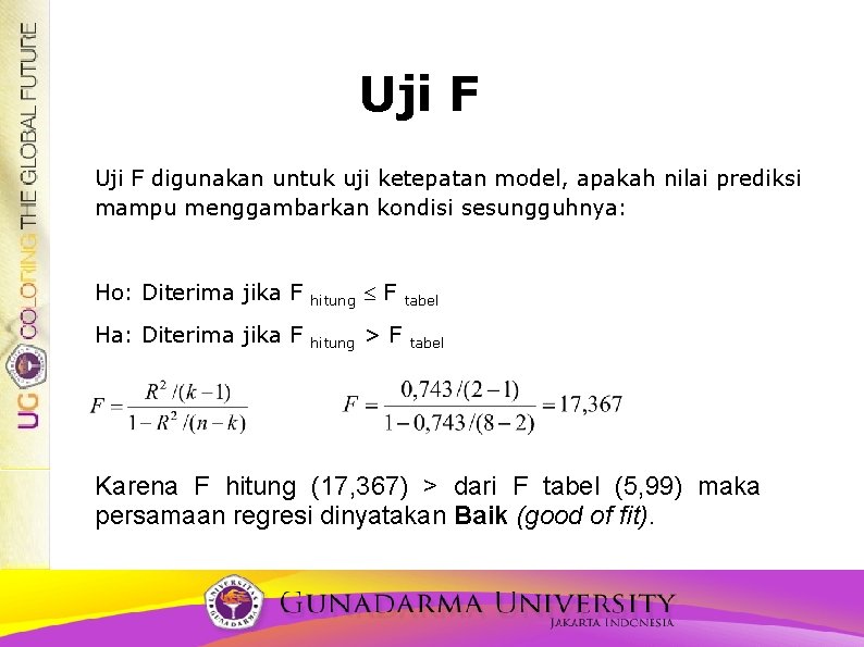 Uji F digunakan untuk uji ketepatan model, apakah nilai prediksi mampu menggambarkan kondisi sesungguhnya: