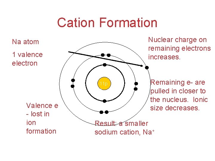 Cation Formation Nuclear charge on remaining electrons increases. Na atom 1 valence electron 11