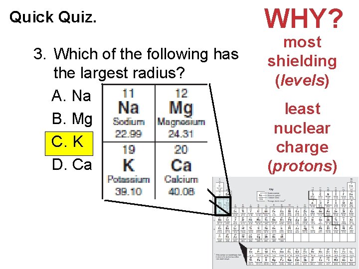 Quick Quiz. 3. Which of the following has the largest radius? A. Na B.