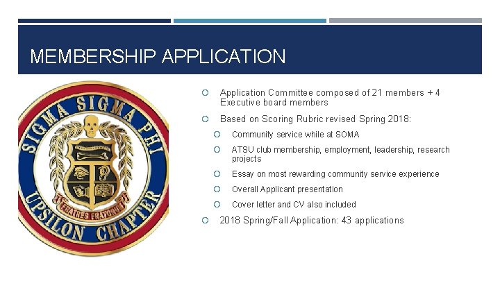 MEMBERSHIP APPLICATION Application Committee composed of 21 members + 4 Executive board members Based