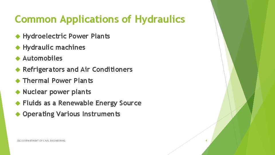 Common Applications of Hydraulics Hydroelectric Power Plants Hydraulic machines Automobiles Refrigerators and Air Conditioners