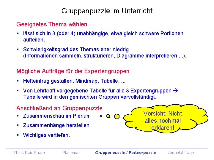 Gruppenpuzzle im Unterricht Geeignetes Thema wählen § lässt sich in 3 (oder 4) unabhängige,