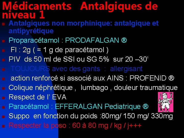 Médicaments Antalgiques de niveau 1 n n n Antalgiques non morphinique: antalgique et antipyrétique