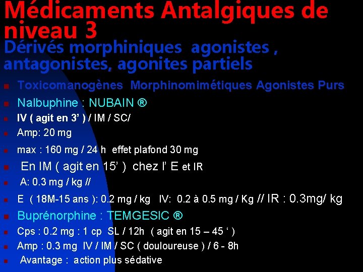 Médicaments Antalgiques de niveau 3 Dérivés morphiniques agonistes , antagonistes, agonites partiels n n