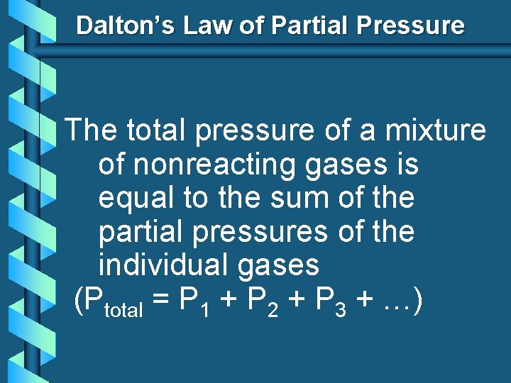 Dalton’s Law of Partial Pressure The total pressure of a mixture of nonreacting gases