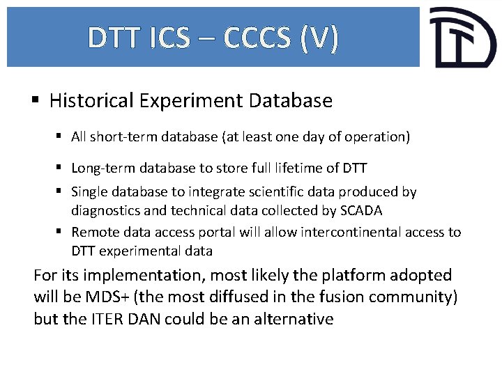 DTT ICS – CCCS (V) § Historical Experiment Database § All short-term database (at