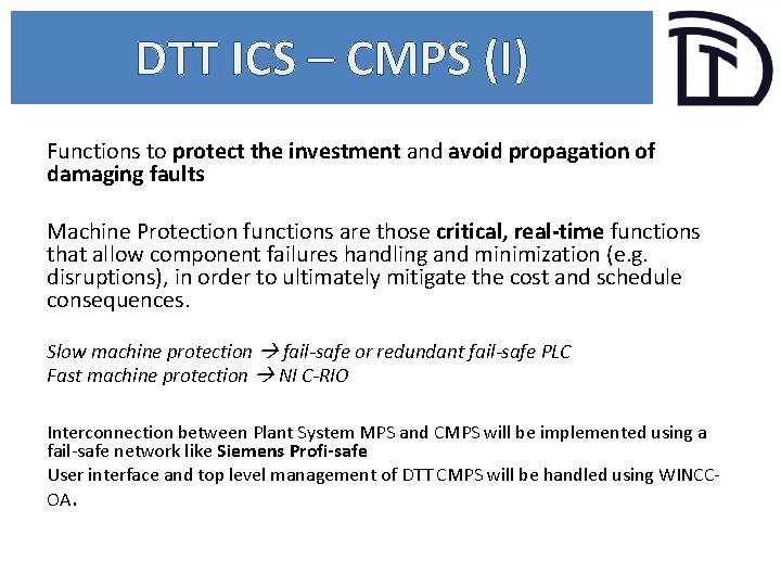 DTT ICS – CMPS (I) Functions to protect the investment and avoid propagation of