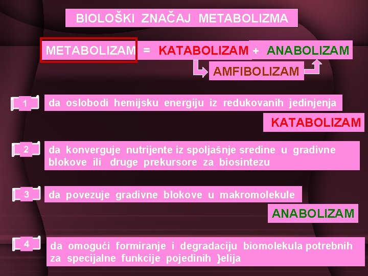 BIOLOŠKI ZNAČAJ METABOLIZMA METABOLIZAM = KATABOLIZAM + ANABOLIZAM AMFIBOLIZAM da oslobodi hemijsku energiju iz