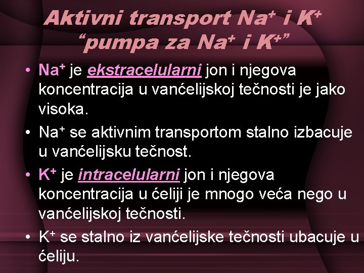 Aktivni transport Na+ i K+ “pumpa za Na+ i K+” • Na+ je ekstracelularni