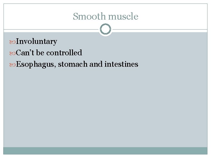 Smooth muscle Involuntary Can’t be controlled Esophagus, stomach and intestines 