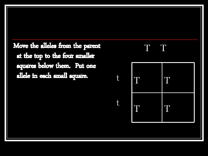 Move the alleles from the parent at the top to the four smaller squares