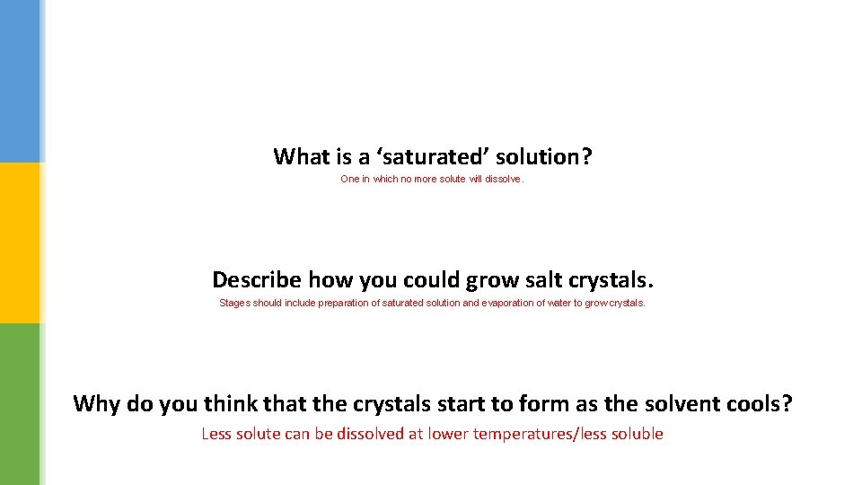 What is a ‘saturated’ solution? One in which no more solute will dissolve. Describe