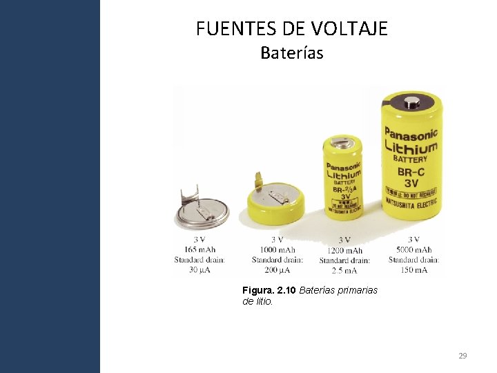 FUENTES DE VOLTAJE Baterías Figura. 2. 10 Baterías primarias de litio. 29 FUENTES DE VOLTAJE Baterías Figura. 2. 10 Baterías primarias de litio. 29