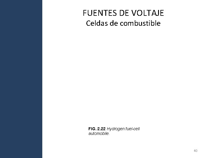FUENTES DE VOLTAJE Celdas de combustible FIG. 2. 22 Hydrogen fuel-cell automobile. 40 FUENTES DE VOLTAJE Celdas de combustible FIG. 2. 22 Hydrogen fuel-cell automobile. 40
