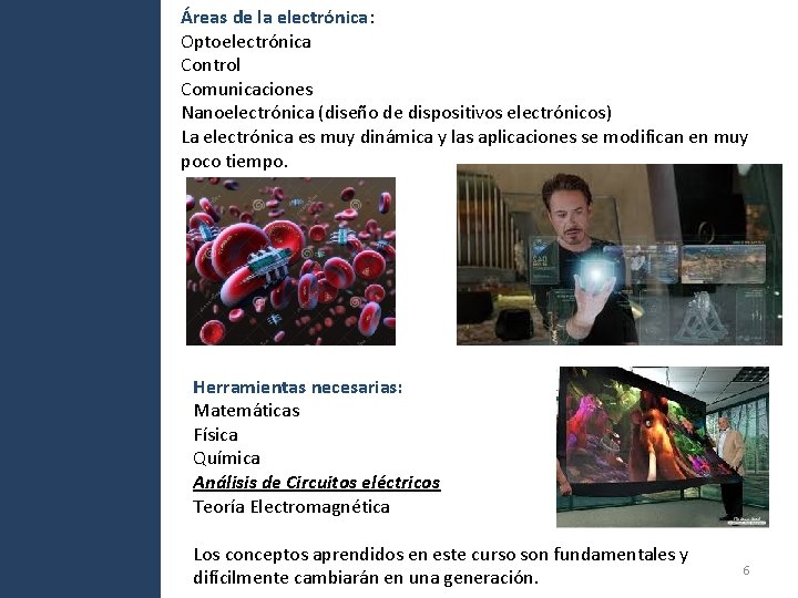Áreas de la electrónica: Optoelectrónica Control Comunicaciones Nanoelectrónica (diseño de dispositivos electrónicos) La electrónica Áreas de la electrónica: Optoelectrónica Control Comunicaciones Nanoelectrónica (diseño de dispositivos electrónicos) La electrónica
