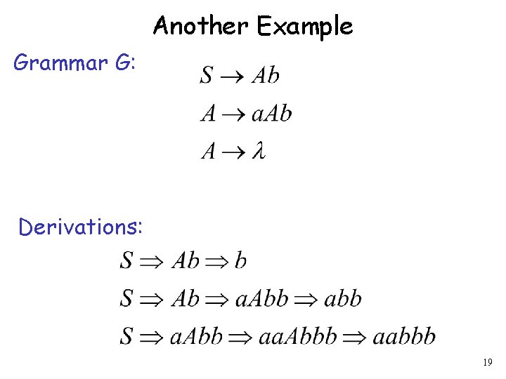 Another Example Grammar G: Derivations: 19 