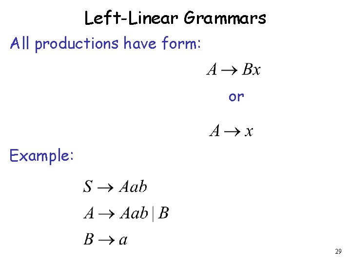 Left-Linear Grammars All productions have form: or Example: 29 