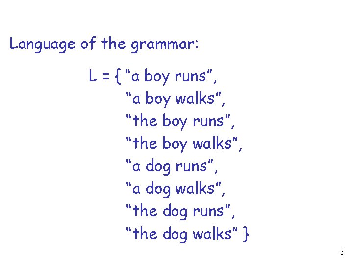 Language of the grammar: L = { “a boy runs”, “a boy walks”, “the